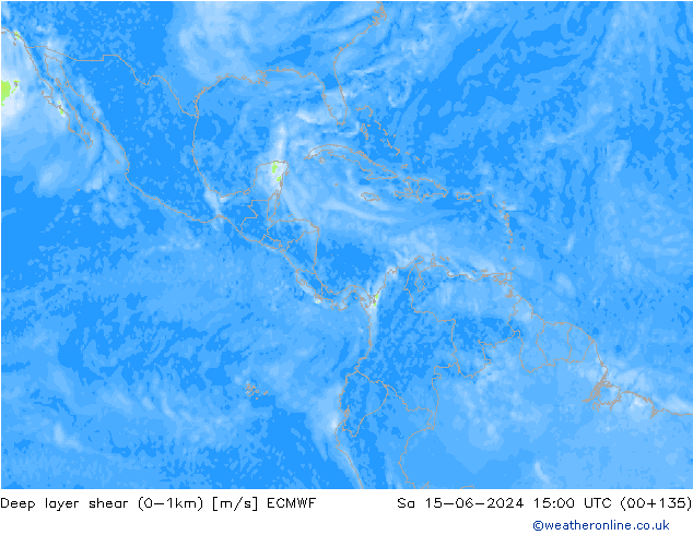 Deep layer shear (0-1km) ECMWF za 15.06.2024 15 UTC
