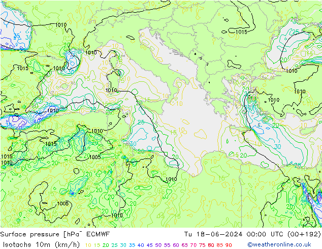 Isotachen (km/h) ECMWF di 18.06.2024 00 UTC