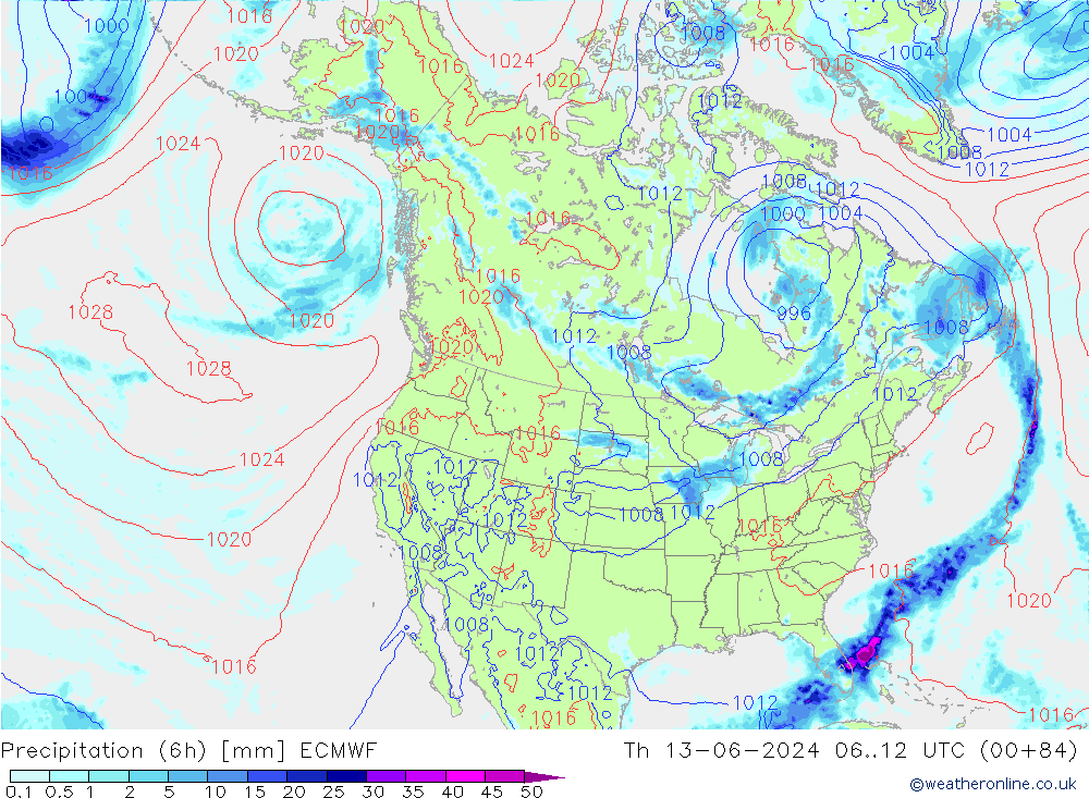 Precipitation (6h) ECMWF Čt 13.06.2024 12 UTC