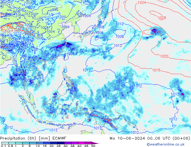 Totale neerslag (6h) ECMWF ma 10.06.2024 06 UTC