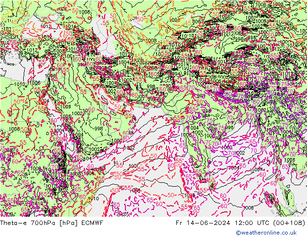 Theta-e 700hPa ECMWF Fr 14.06.2024 12 UTC