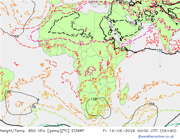 Geop./Temp. 850 hPa ECMWF vie 14.06.2024 00 UTC