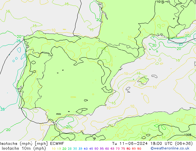 Isotachs (mph) ECMWF Út 11.06.2024 18 UTC