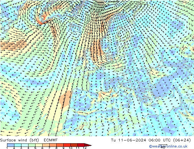 Surface wind (bft) ECMWF Út 11.06.2024 06 UTC