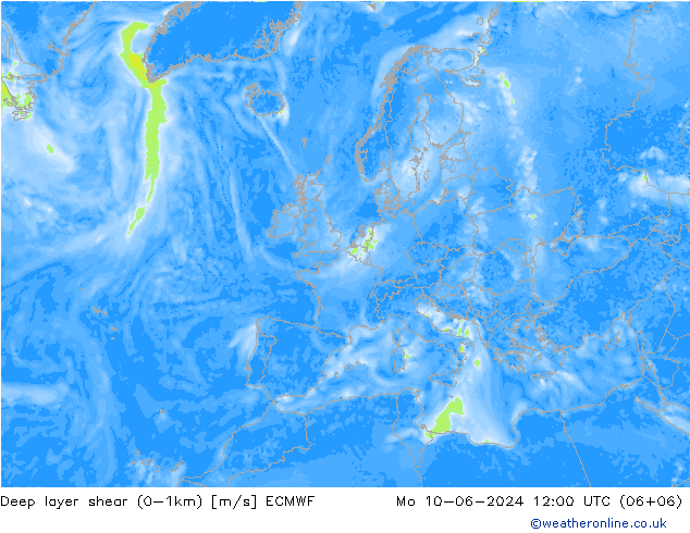 Deep layer shear (0-1km) ECMWF Mo 10.06.2024 12 UTC