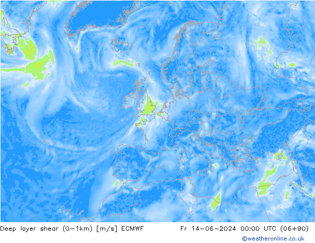 Deep layer shear (0-1km) ECMWF ven 14.06.2024 00 UTC