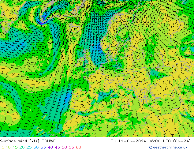 Surface wind ECMWF Tu 11.06.2024 06 UTC
