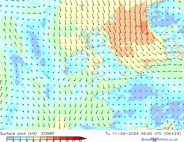 Surface wind (bft) ECMWF Tu 11.06.2024 06 UTC