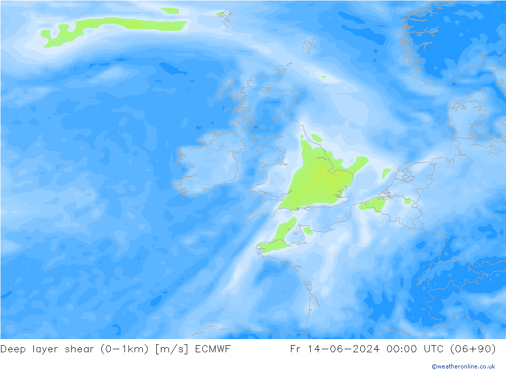Deep layer shear (0-1km) ECMWF Fr 14.06.2024 00 UTC