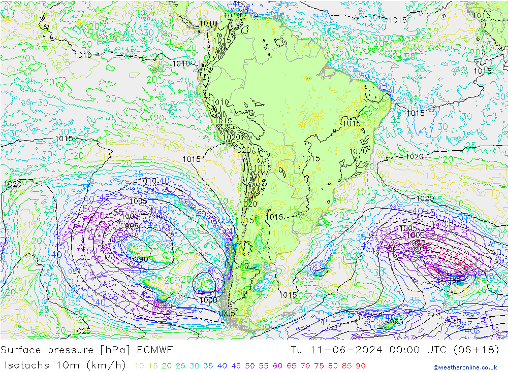 Isotachen (km/h) ECMWF di 11.06.2024 00 UTC
