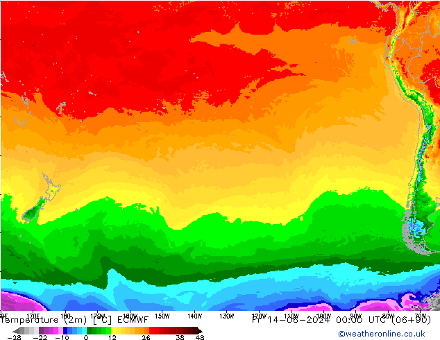 Temperatuurkaart (2m) ECMWF vr 14.06.2024 00 UTC