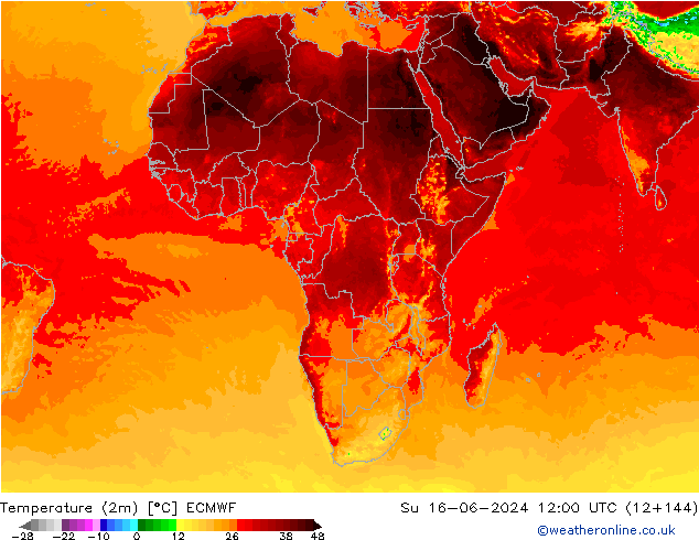 mapa temperatury (2m) ECMWF nie. 16.06.2024 12 UTC