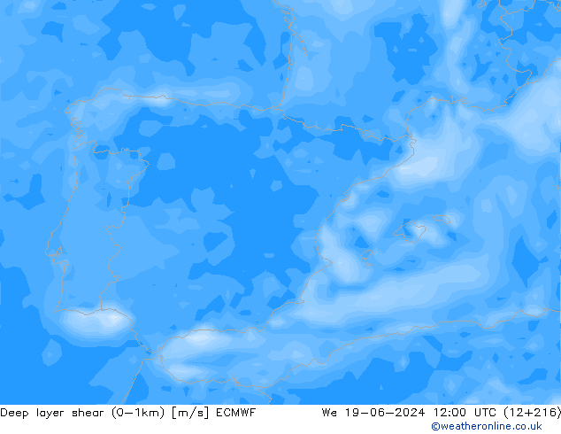 Deep layer shear (0-1km) ECMWF Çar 19.06.2024 12 UTC