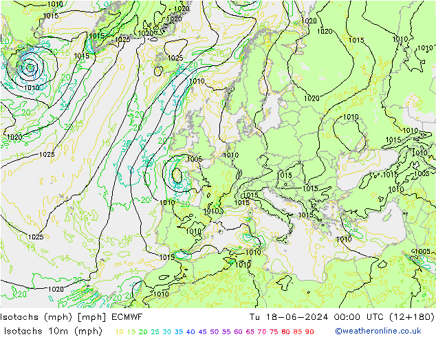 Isotachs (mph) ECMWF вт 18.06.2024 00 UTC