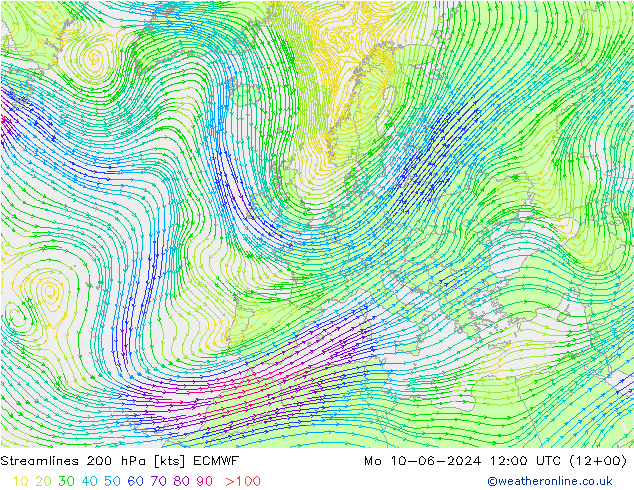 Linea di flusso 200 hPa ECMWF lun 10.06.2024 12 UTC