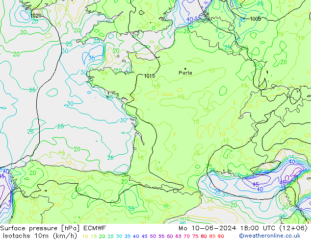 Izotacha (km/godz) ECMWF pon. 10.06.2024 18 UTC