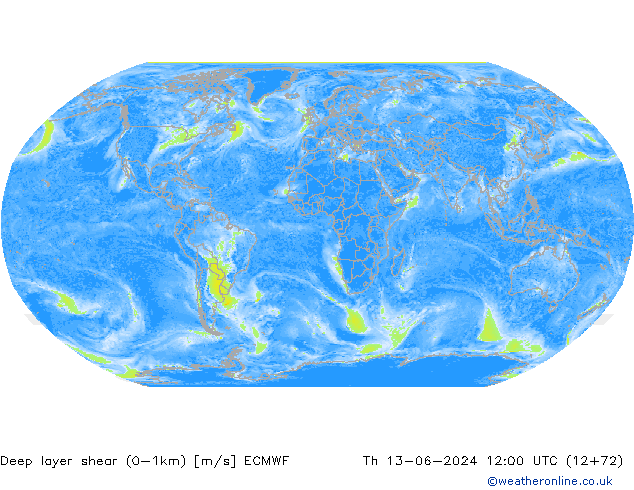 Deep layer shear (0-1km) ECMWF Th 13.06.2024 12 UTC