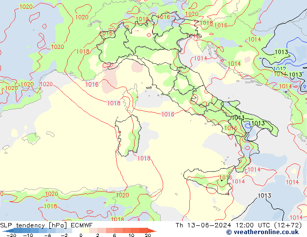 Druktendens (+/-) ECMWF do 13.06.2024 12 UTC