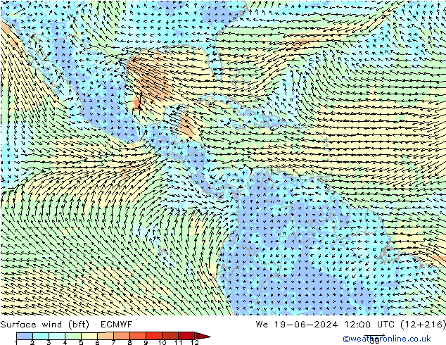 Surface wind (bft) ECMWF St 19.06.2024 12 UTC