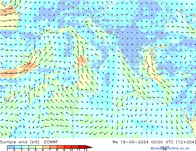 wiatr 10 m (bft) ECMWF śro. 19.06.2024 00 UTC