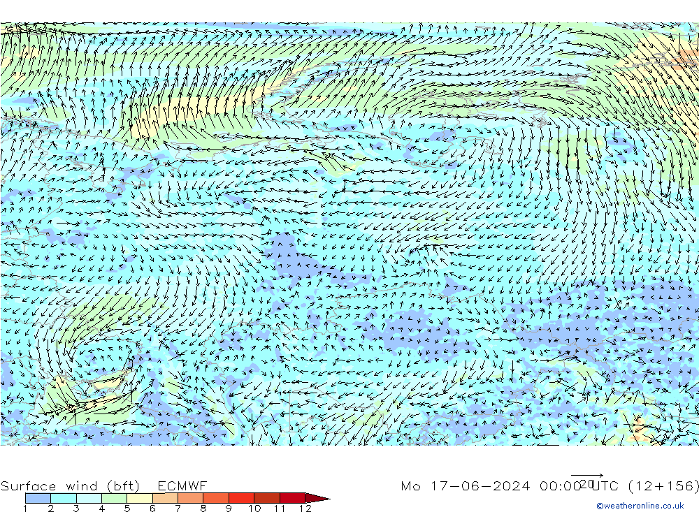 Rüzgar 10 m (bft) ECMWF Pzt 17.06.2024 00 UTC