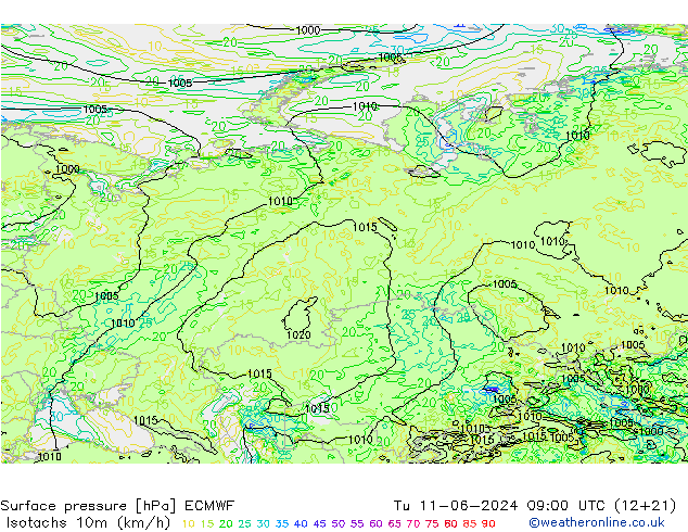 Isotachs (kph) ECMWF mar 11.06.2024 09 UTC