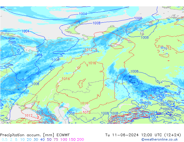 Precipitation accum. ECMWF Út 11.06.2024 12 UTC