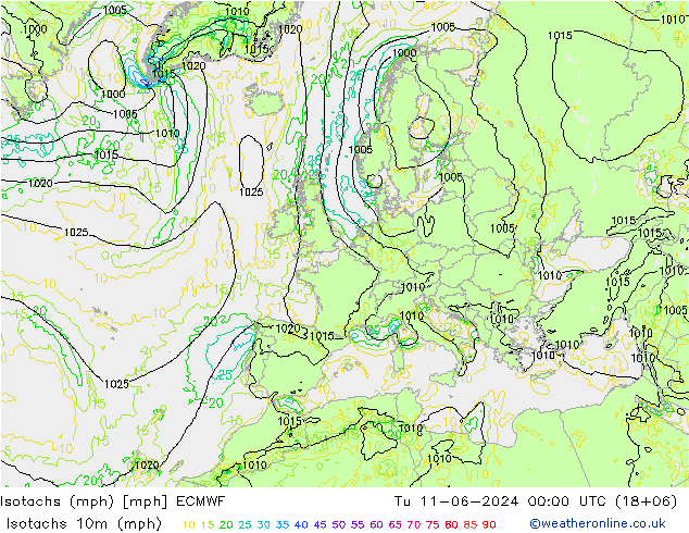 Isotachs (mph) ECMWF 星期二 11.06.2024 00 UTC