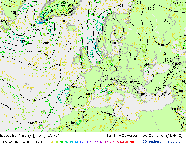 Isotachs (mph) ECMWF  11.06.2024 06 UTC