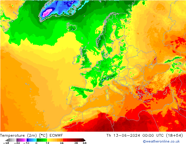 Temperaturkarte (2m) ECMWF Do 13.06.2024 00 UTC