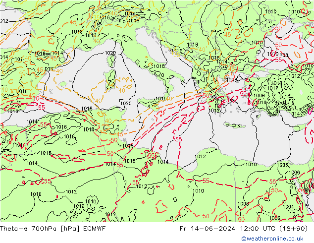Theta-e 700hPa ECMWF pt. 14.06.2024 12 UTC