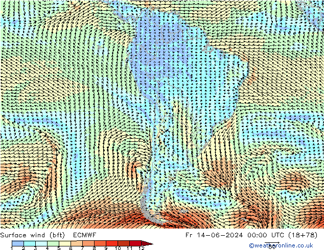 Surface wind (bft) ECMWF Fr 14.06.2024 00 UTC
