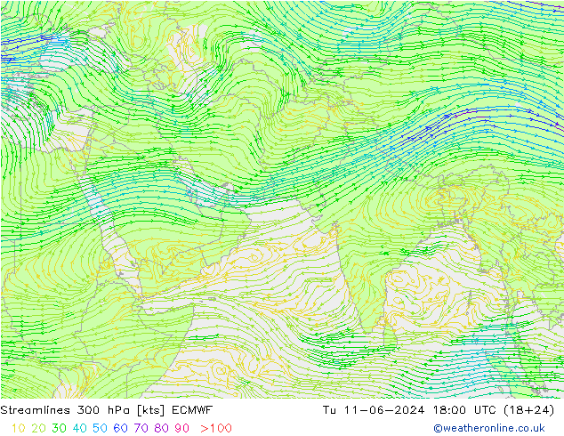 Línea de corriente 300 hPa ECMWF mar 11.06.2024 18 UTC