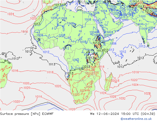 Pressione al suolo ECMWF mer 12.06.2024 15 UTC