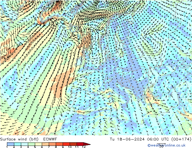 Wind 10 m (bft) ECMWF di 18.06.2024 06 UTC