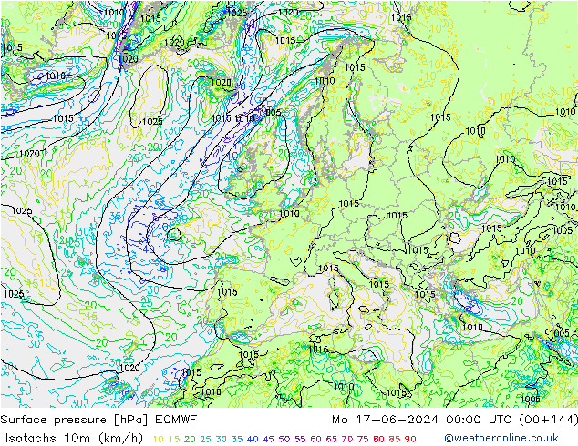 Isotachen (km/h) ECMWF Mo 17.06.2024 00 UTC