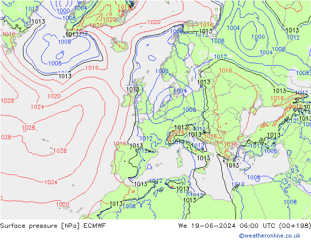 Luchtdruk (Grond) ECMWF wo 19.06.2024 06 UTC