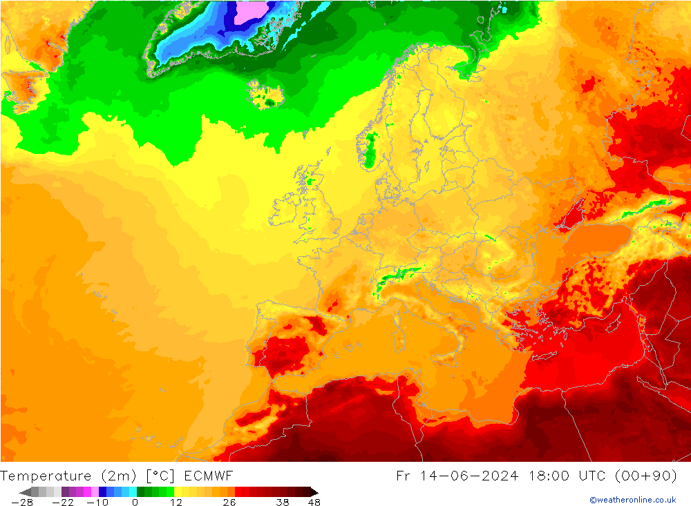 Temperature (2m) ECMWF Fr 14.06.2024 18 UTC