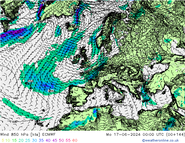 Rüzgar 850 hPa ECMWF Pzt 17.06.2024 00 UTC