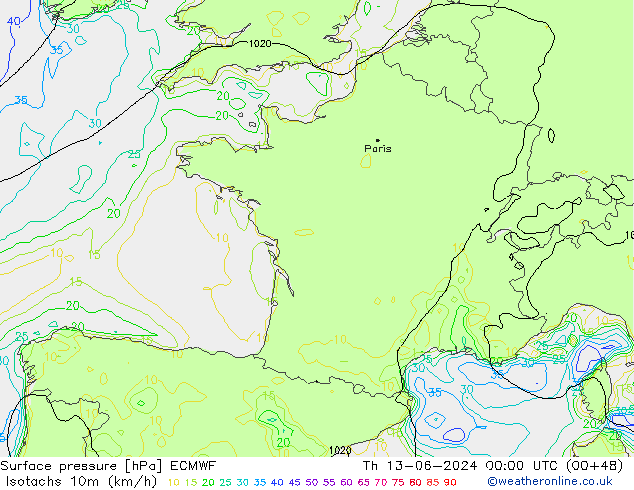 Isotachen (km/h) ECMWF do 13.06.2024 00 UTC