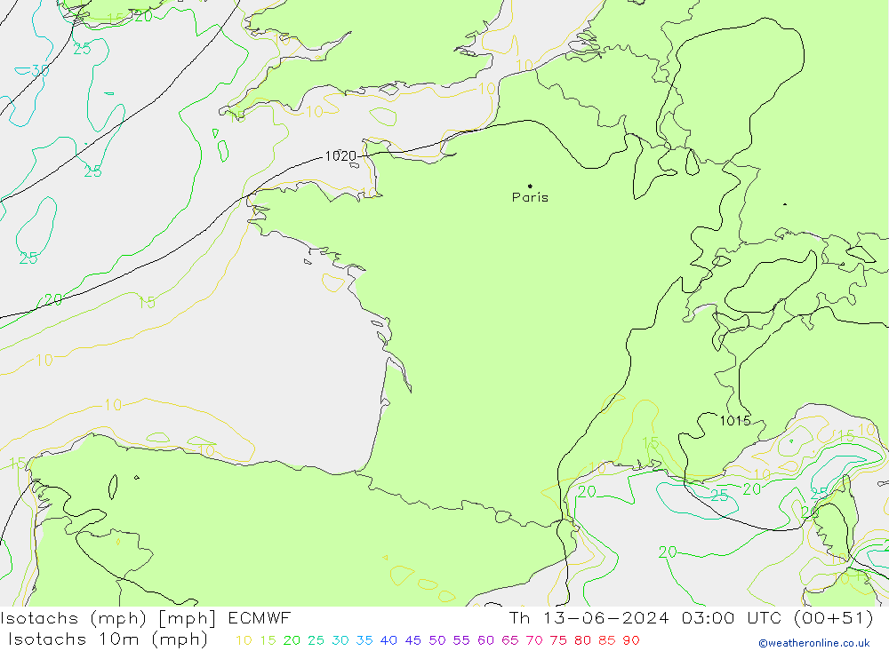 Isotaca (mph) ECMWF jue 13.06.2024 03 UTC