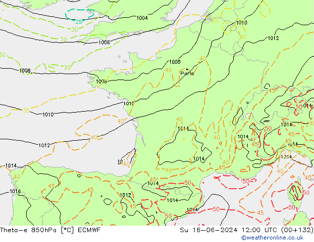 Theta-e 850hPa ECMWF dim 16.06.2024 12 UTC