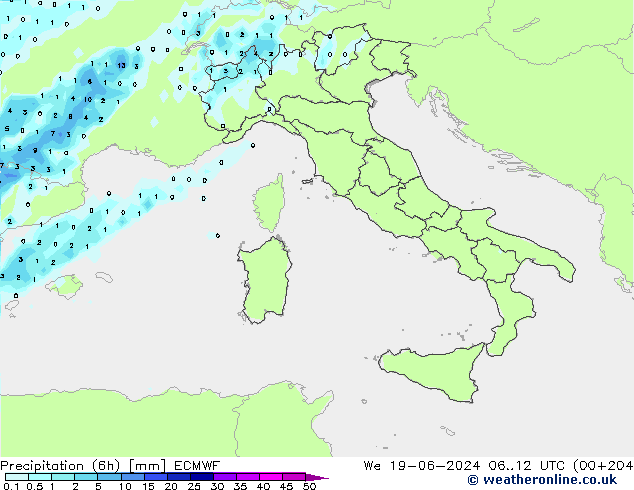 Precipitation (6h) ECMWF We 19.06.2024 12 UTC