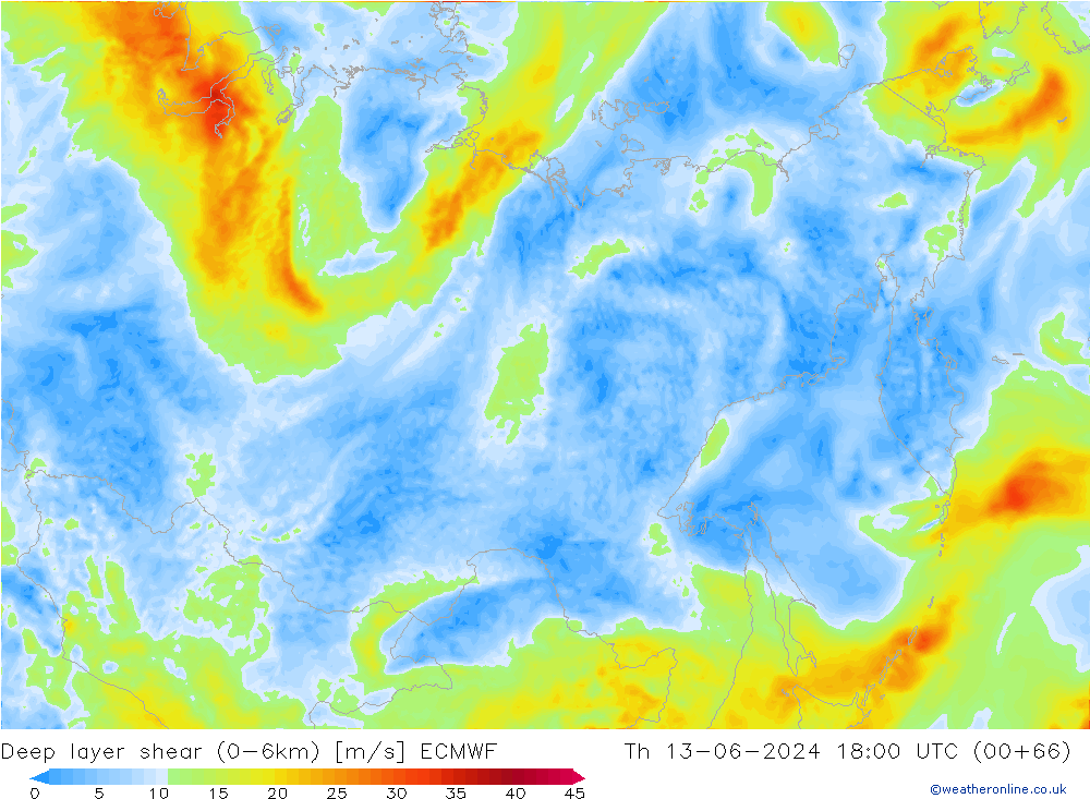 Deep layer shear (0-6km) ECMWF do 13.06.2024 18 UTC