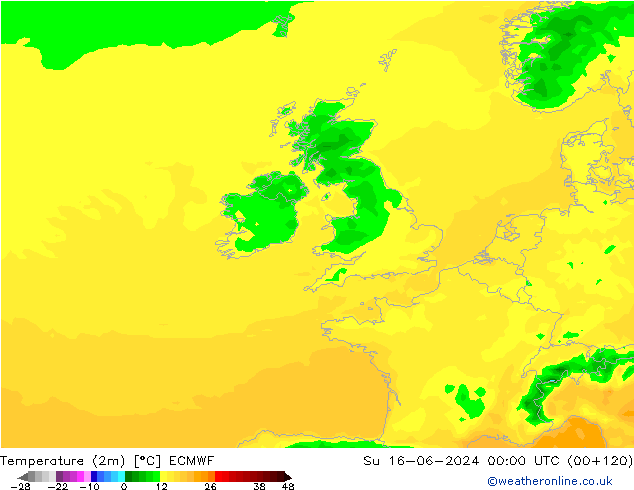 Temperatuurkaart (2m) ECMWF zo 16.06.2024 00 UTC