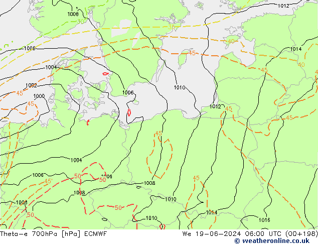 Theta-e 700hPa ECMWF mer 19.06.2024 06 UTC