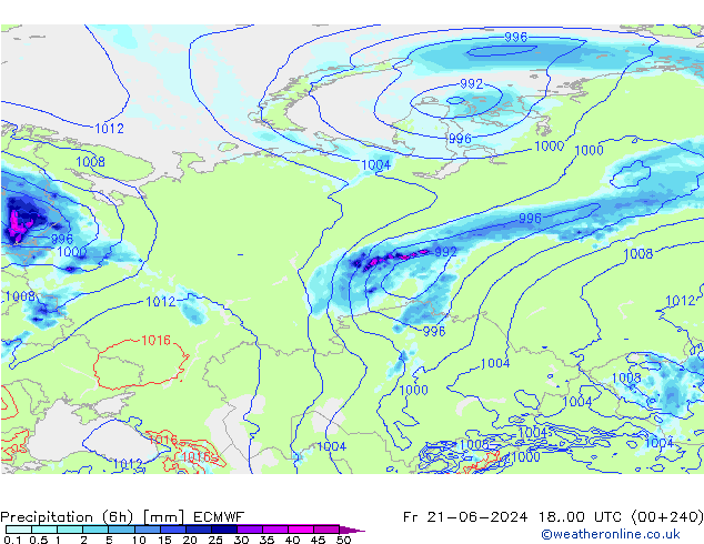 Totale neerslag (6h) ECMWF vr 21.06.2024 00 UTC