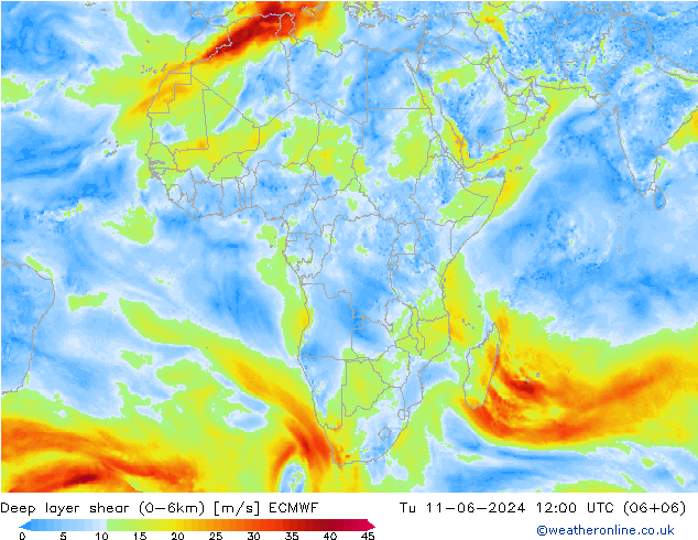 Deep layer shear (0-6km) ECMWF mar 11.06.2024 12 UTC