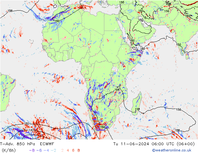 T-Adv. 850 hPa ECMWF Tu 11.06.2024 06 UTC