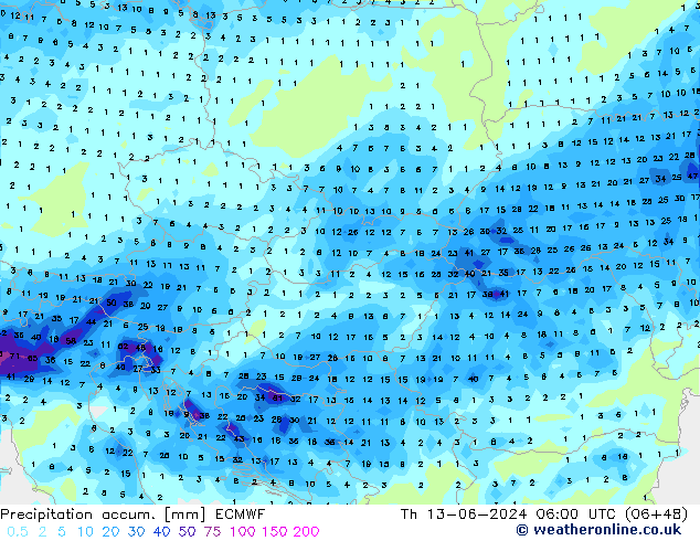 Precipitation accum. ECMWF Th 13.06.2024 06 UTC